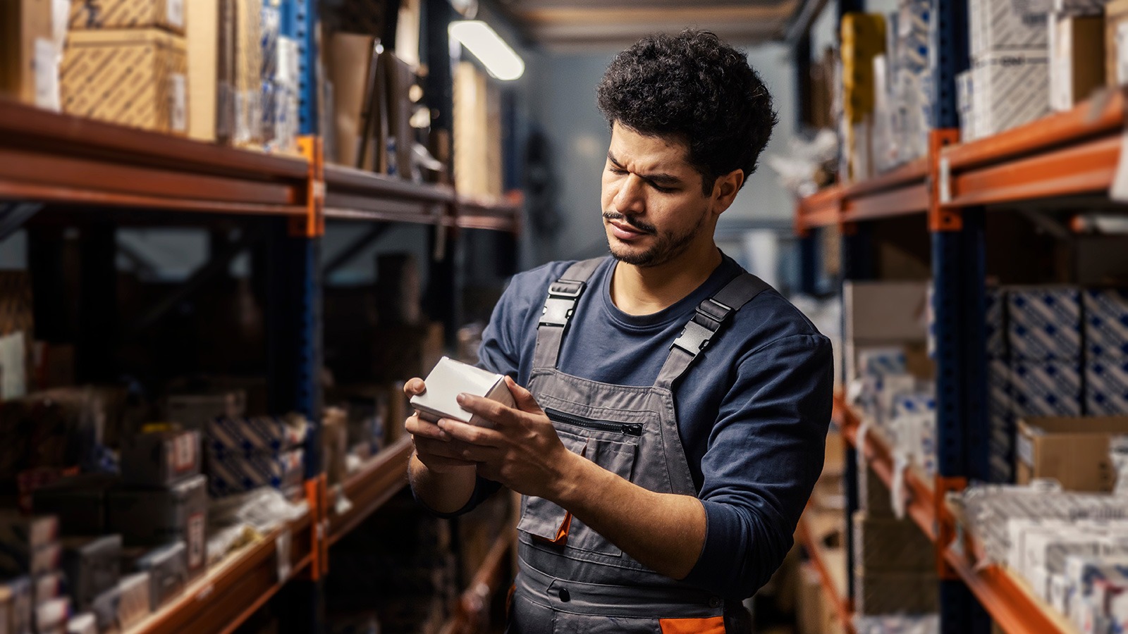 Mann in Arbeitsmontur überprüft Produkte im Lager