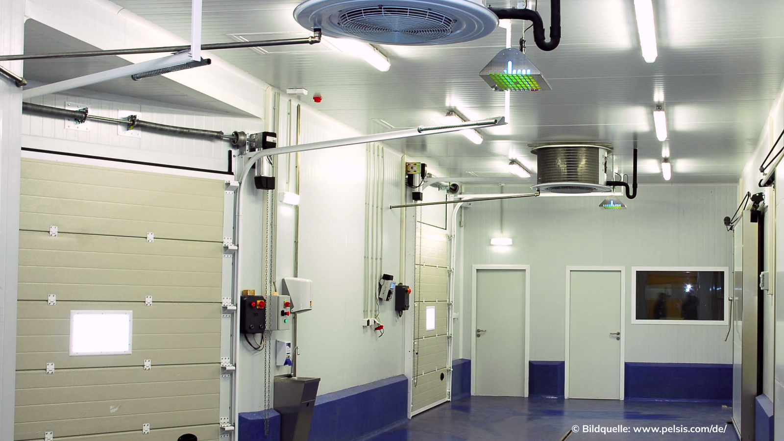 Flur eines Lagers mit installierten Fliegenfallen an der Decke vor den Garagentoren